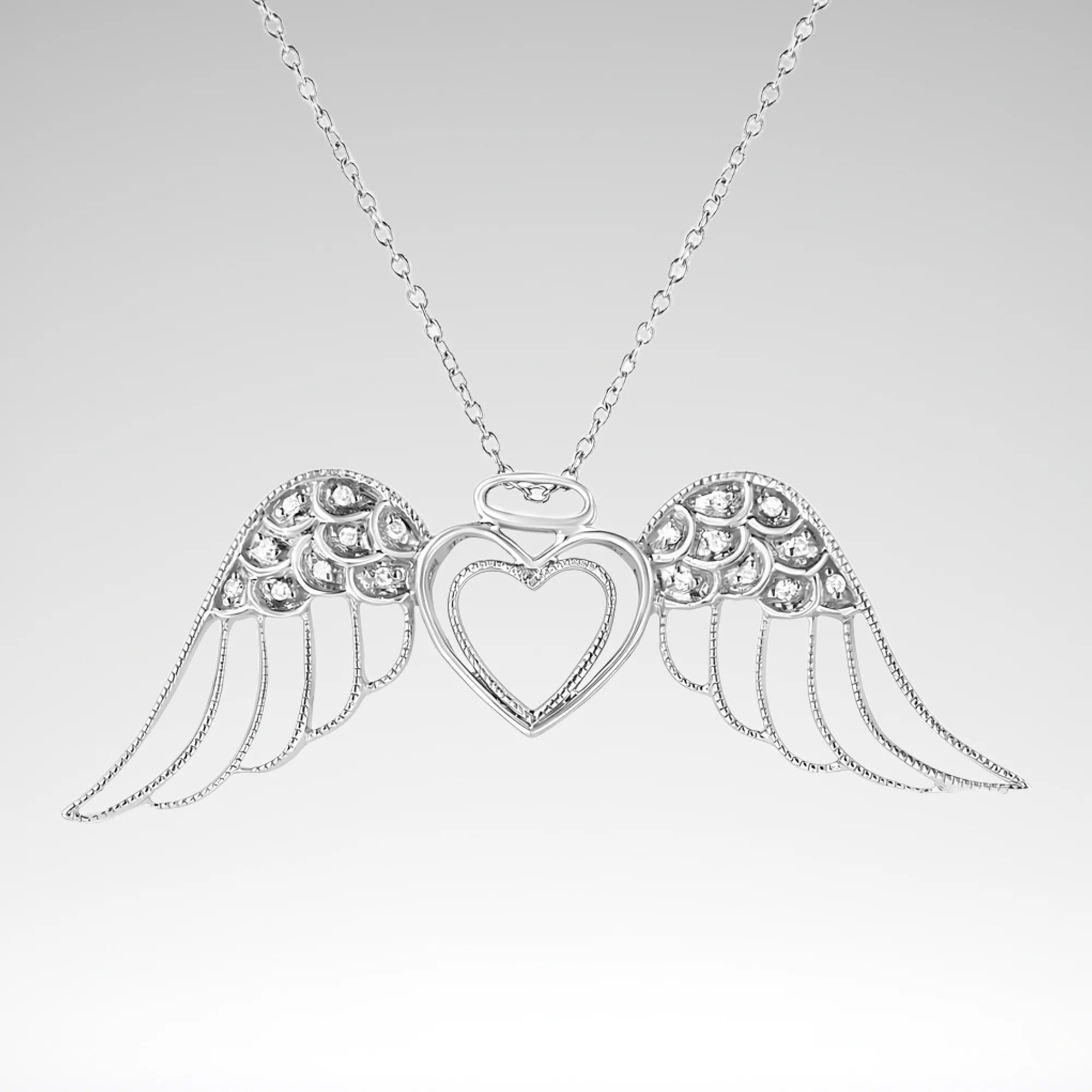 Angel Wing Double Heart Necklace – .925 Sterling Silver, Pavé Diamond Accents