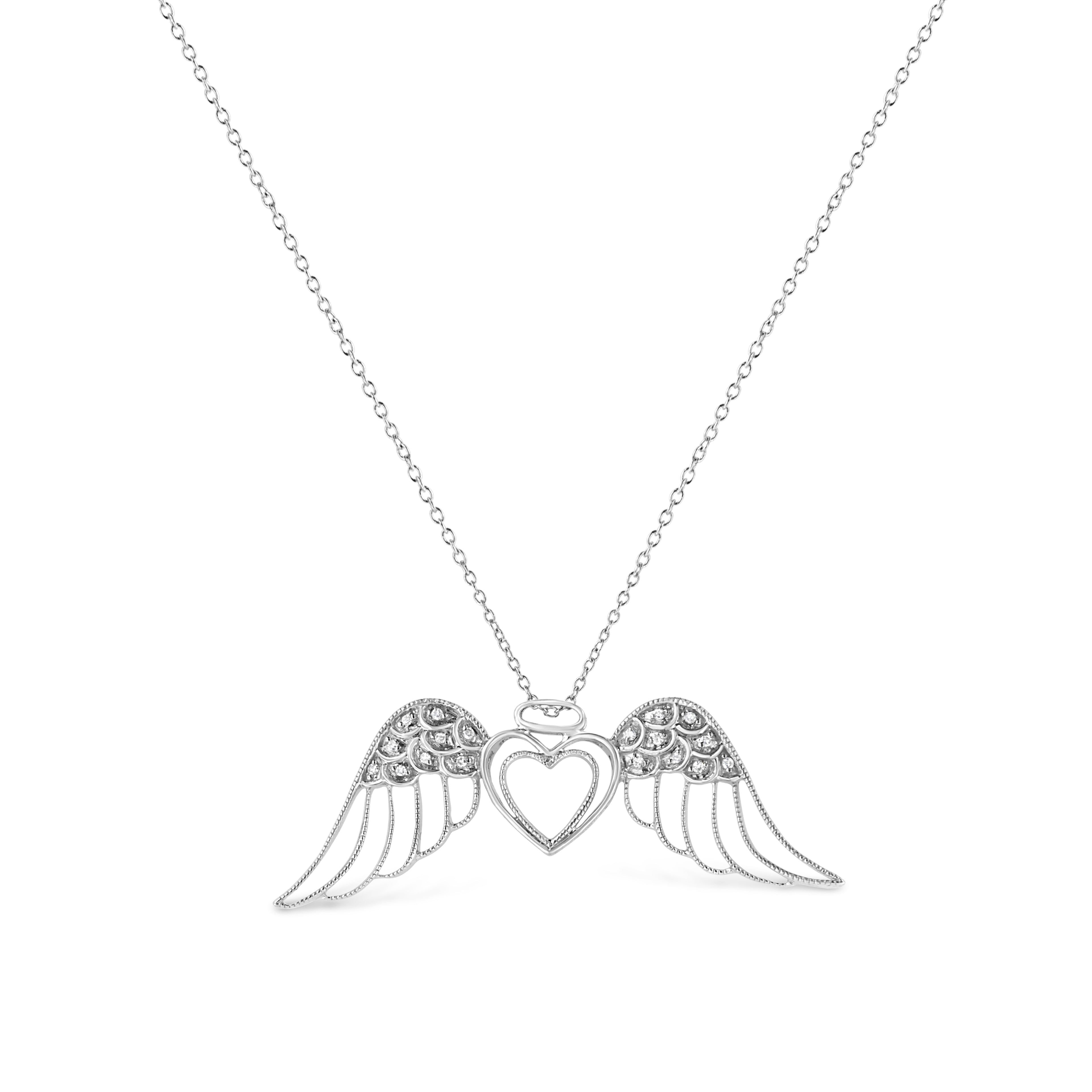 Angel Wing Double Heart Necklace – .925 Sterling Silver, Pavé Diamond Accents