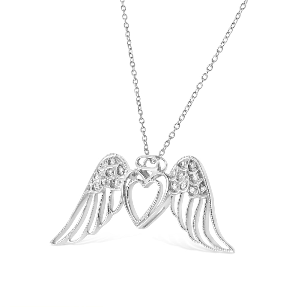 Angel Wing Double Heart Necklace – .925 Sterling Silver, Pavé Diamond Accents