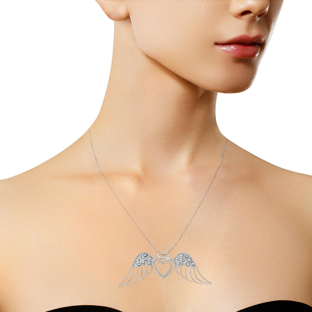 Angel Wing Double Heart Necklace – .925 Sterling Silver, Pavé Diamond Accents
