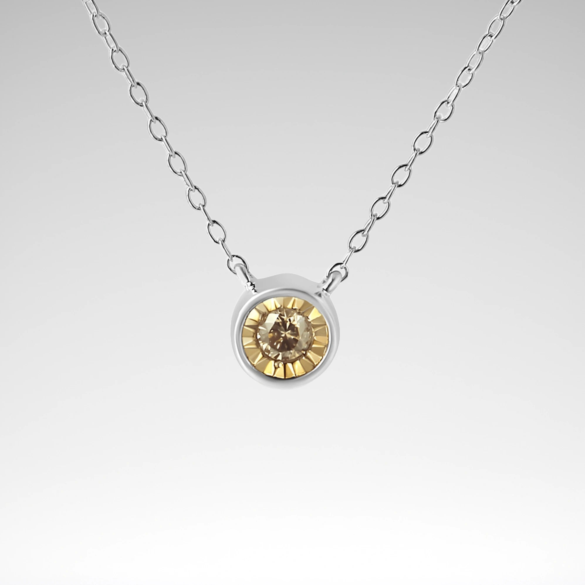 Bezel-Set Champagne Diamond Solitaire Necklace – .925 Sterling Silver, 1/5 cttw