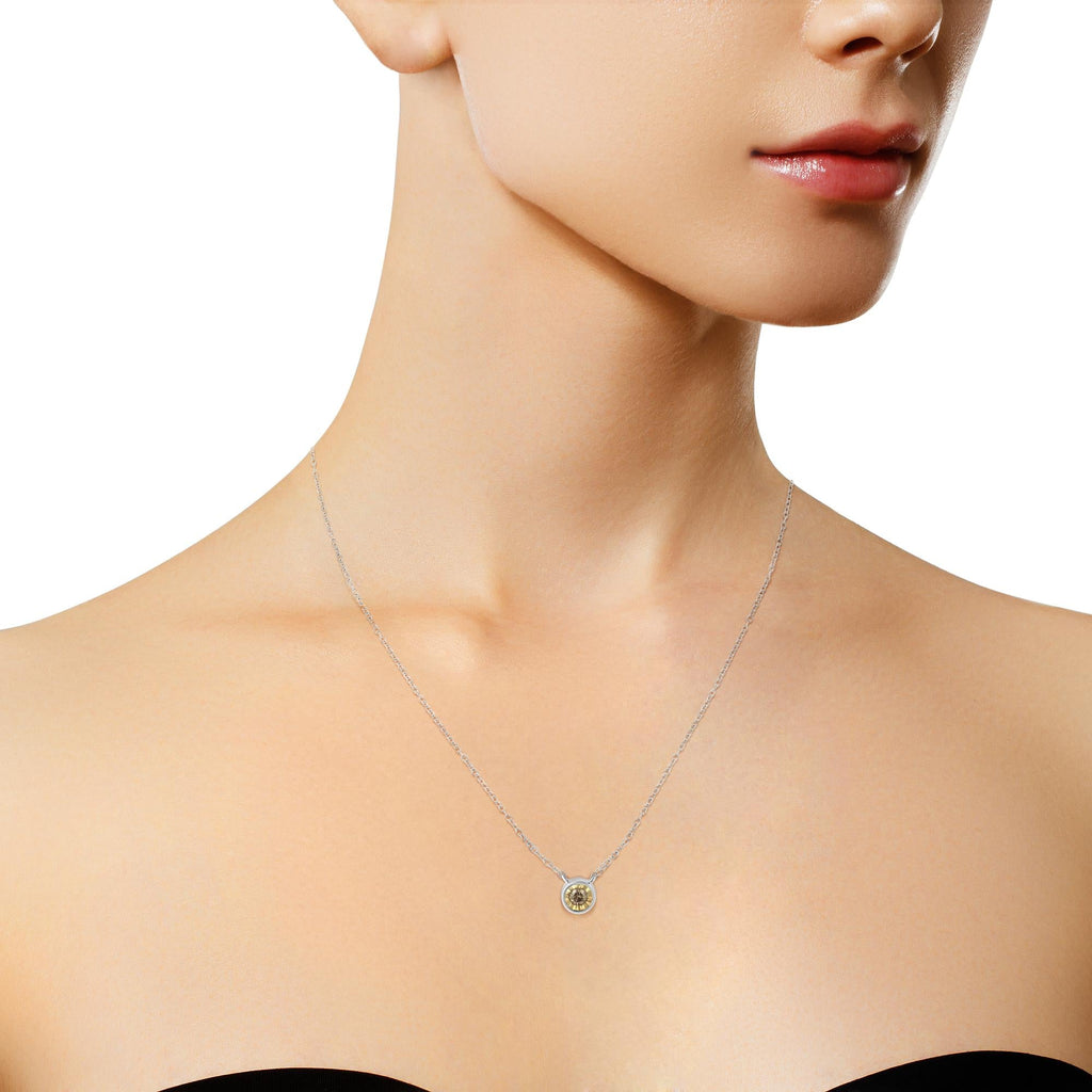 Bezel-Set Champagne Diamond Solitaire Necklace – .925 Sterling Silver, 1/5 cttw
