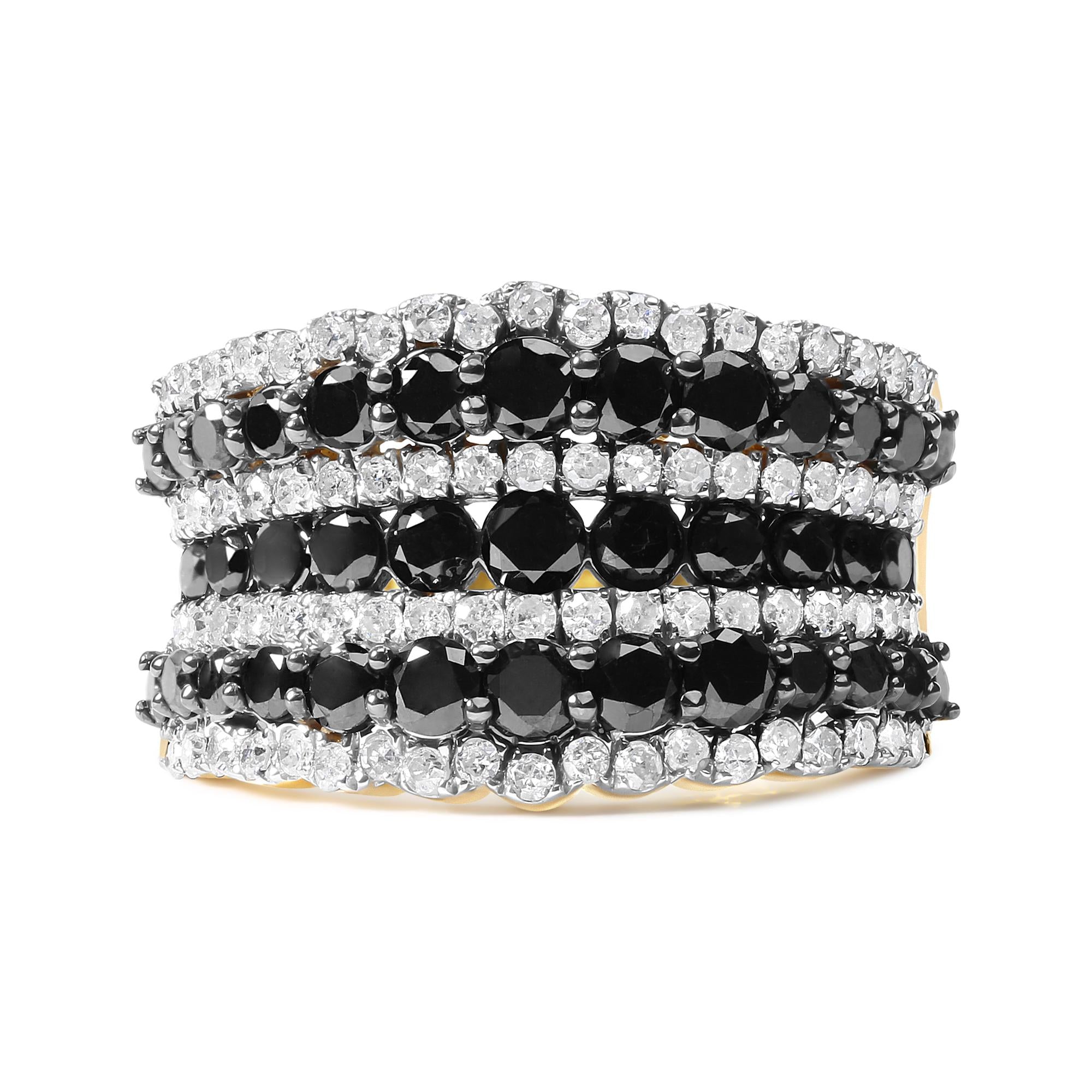 Black & White Diamond Multi-Row Band Ring – 14K Yellow Gold Plated Sterling Silver, 1 3/4 cttw
