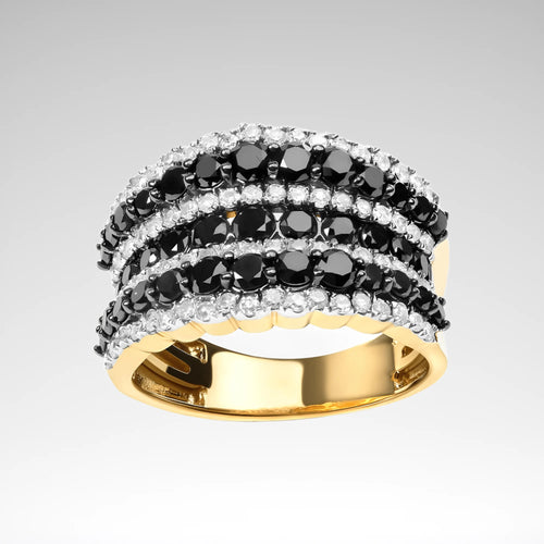 Black & White Diamond Multi-Row Band Ring – 14K Yellow Gold Plated Sterling Silver, 1 3/4 cttw