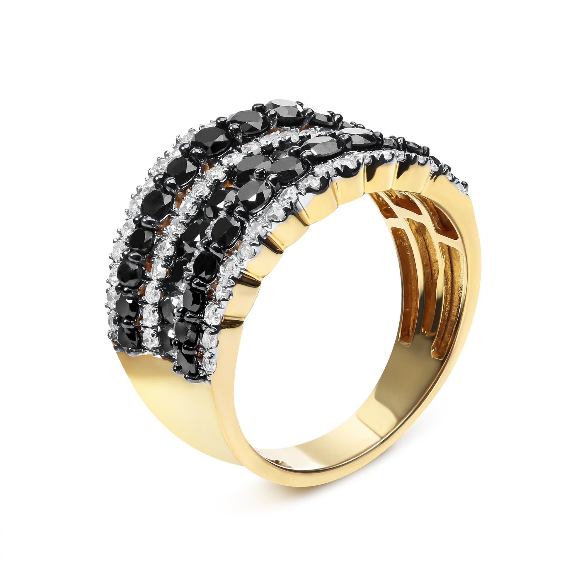 Black & White Diamond Multi-Row Band Ring – 14K Yellow Gold Plated Sterling Silver, 1 3/4 cttw