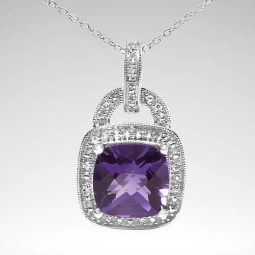 Cushion-Cut Amethyst Diamond Halo Necklace, .925 Sterling Silver