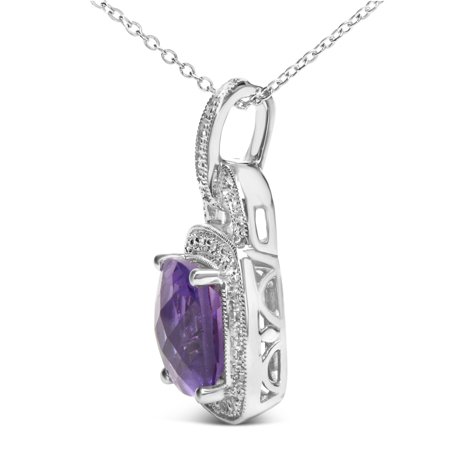Cushion-Cut Amethyst Diamond Halo Necklace, .925 Sterling Silver
