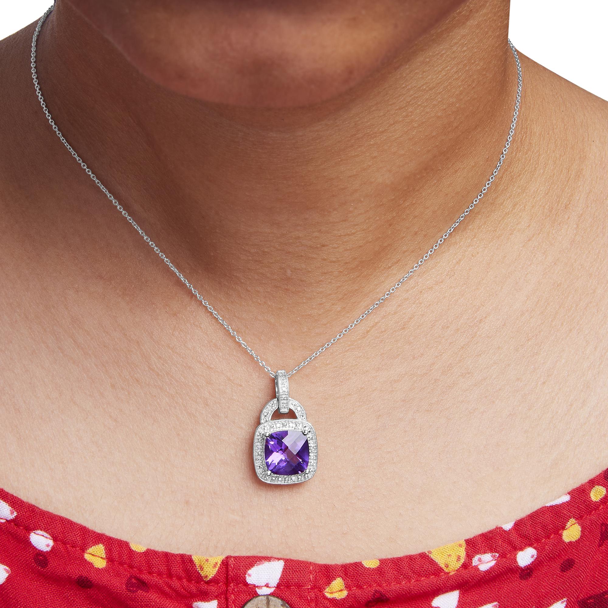 Cushion-Cut Amethyst Diamond Halo Necklace, .925 Sterling Silver