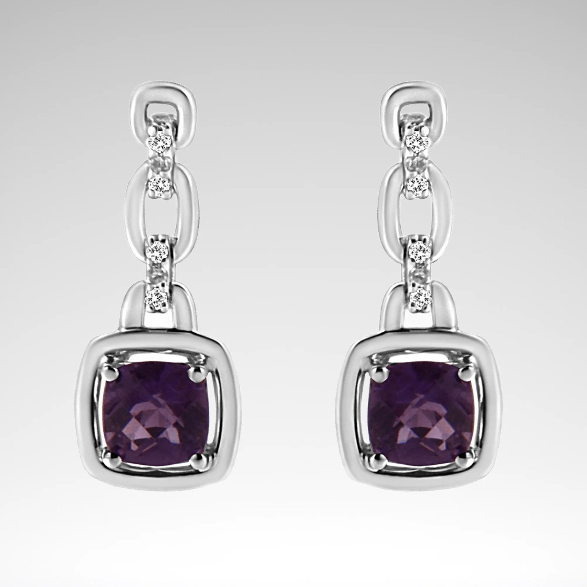 Cushion-Cut Natural Amethyst Earrings, .925 Sterling Silver, Diamond Accents