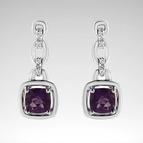 Cushion-Cut Natural Amethyst Earrings, .925 Sterling Silver, Diamond Accents