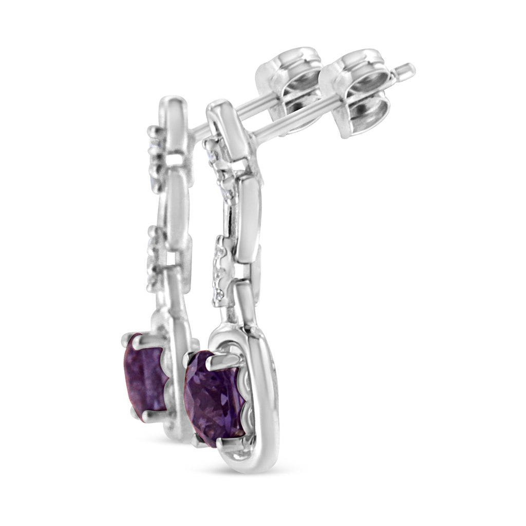 Cushion-Cut Natural Amethyst Earrings, .925 Sterling Silver, Diamond Accents