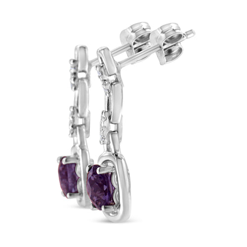 Cushion-Cut Natural Amethyst Earrings, .925 Sterling Silver, Diamond Accents