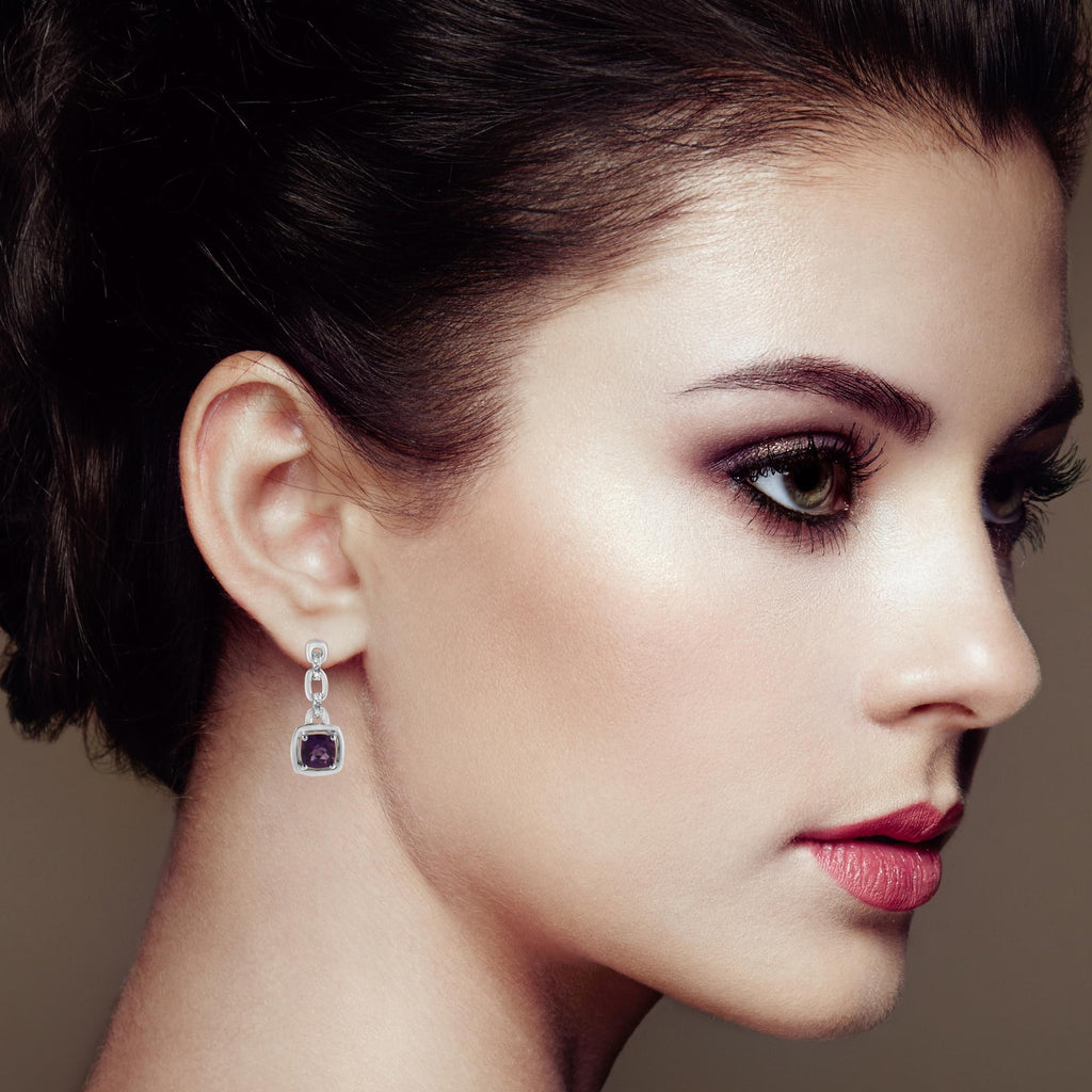 Cushion-Cut Natural Amethyst Earrings, .925 Sterling Silver, Diamond Accents