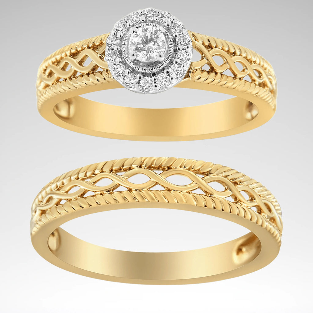 Diamond Halo Engagement Ring Band Set, 14K Yellow Gold Plated .925 Sterling Silver, 1/5 cttw