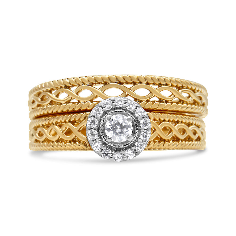 Diamond Halo Engagement Ring Band Set, 14K Yellow Gold Plated .925 Sterling Silver, 1/5 cttw