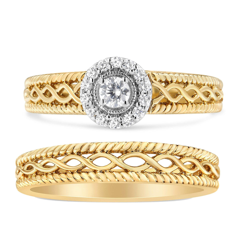 Diamond Halo Engagement Ring Band Set, 14K Yellow Gold Plated .925 Sterling Silver, 1/5 cttw