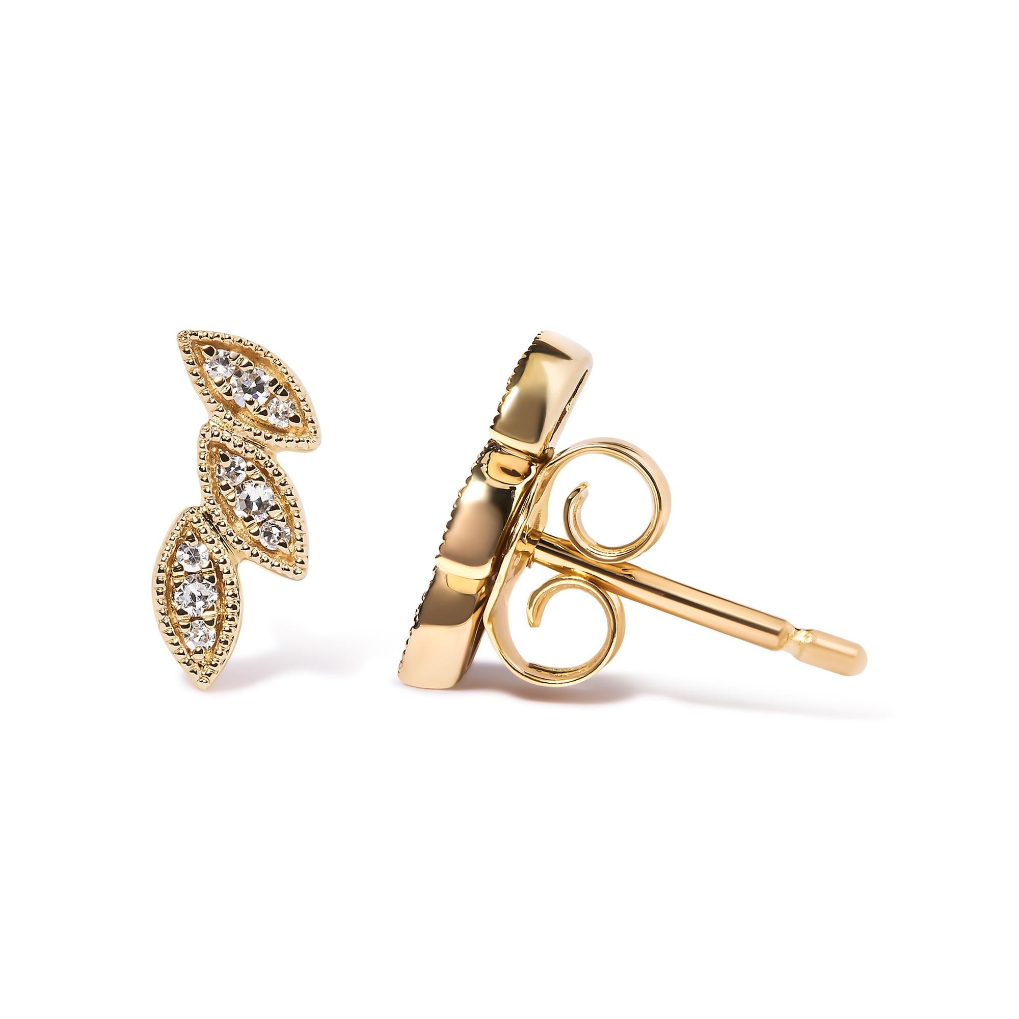 Diamond Triple Leaf Earrings, 10K Yellow Gold, 1/10 cttw