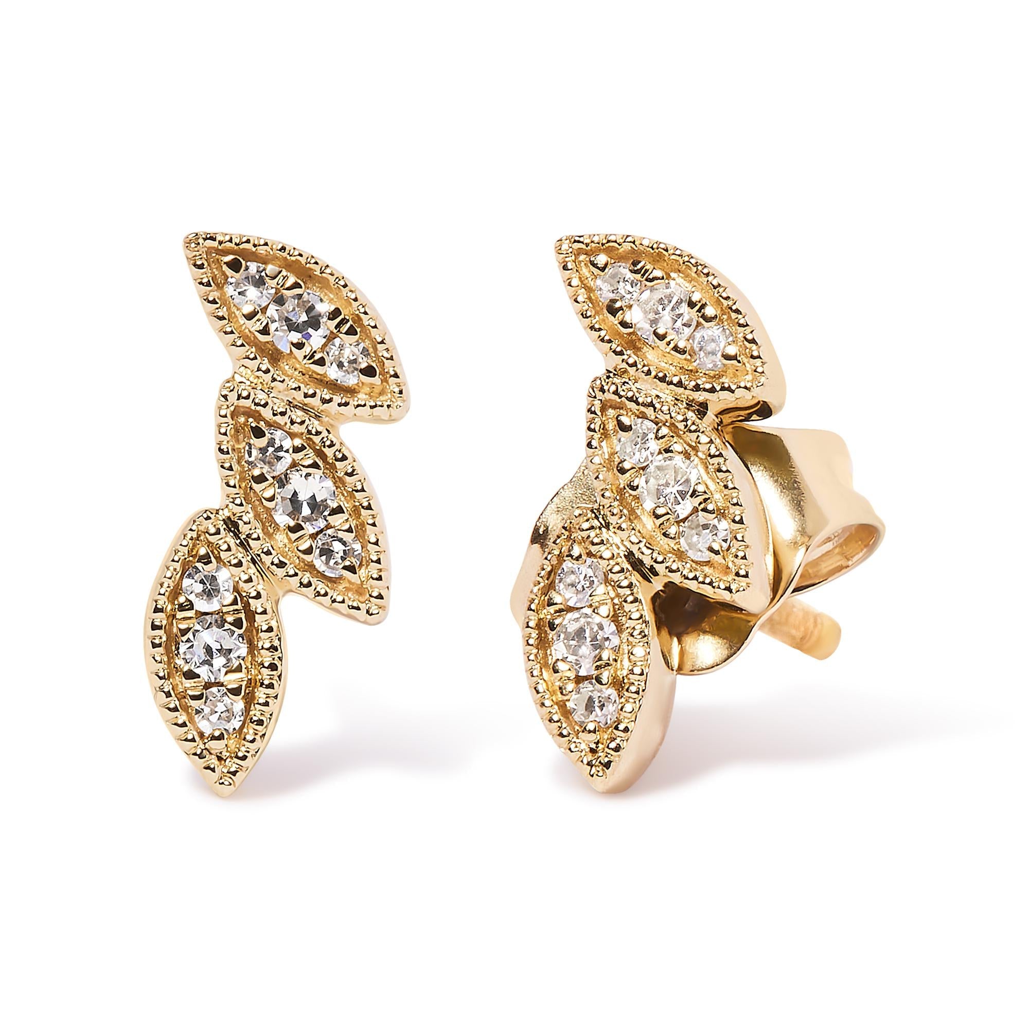 Diamond Triple Leaf Earrings, 10K Yellow Gold, 1/10 cttw