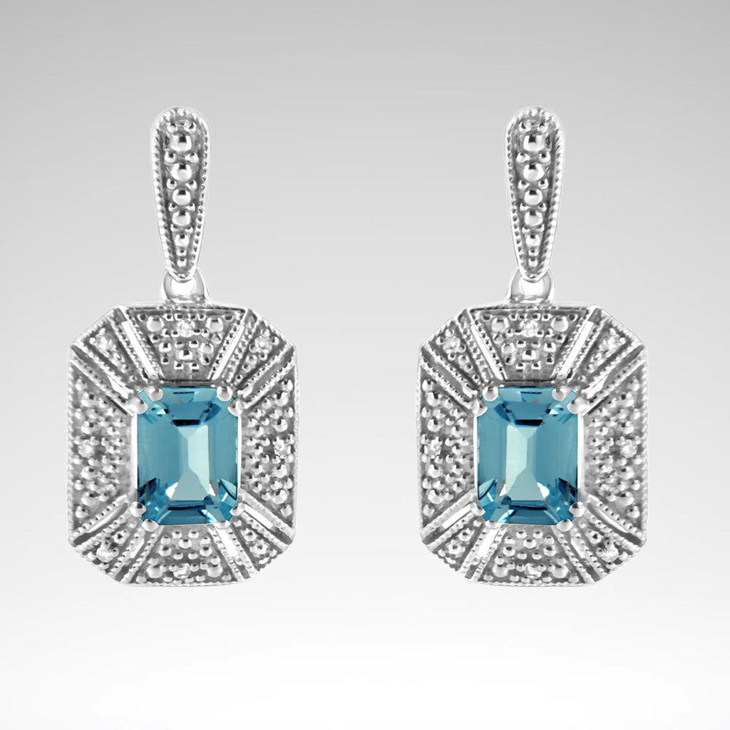 Emerald-Cut Blue Topaz Art Deco Halo Earrings, .925 Sterling Silver, Diamond Accents
