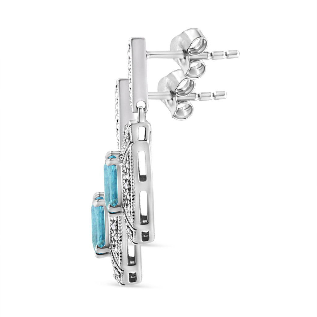 Emerald-Cut Blue Topaz Art Deco Halo Earrings, .925 Sterling Silver, Diamond Accents