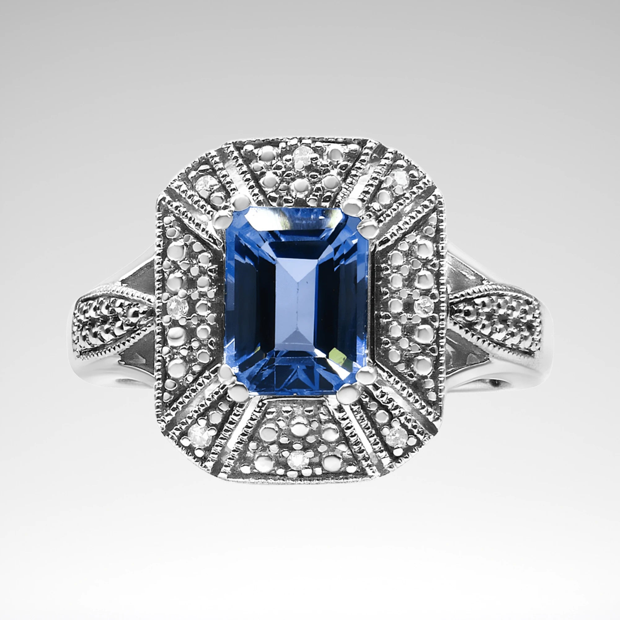 Emerald-Cut Blue Topaz Ring – .925 Sterling Silver, Diamond Accents