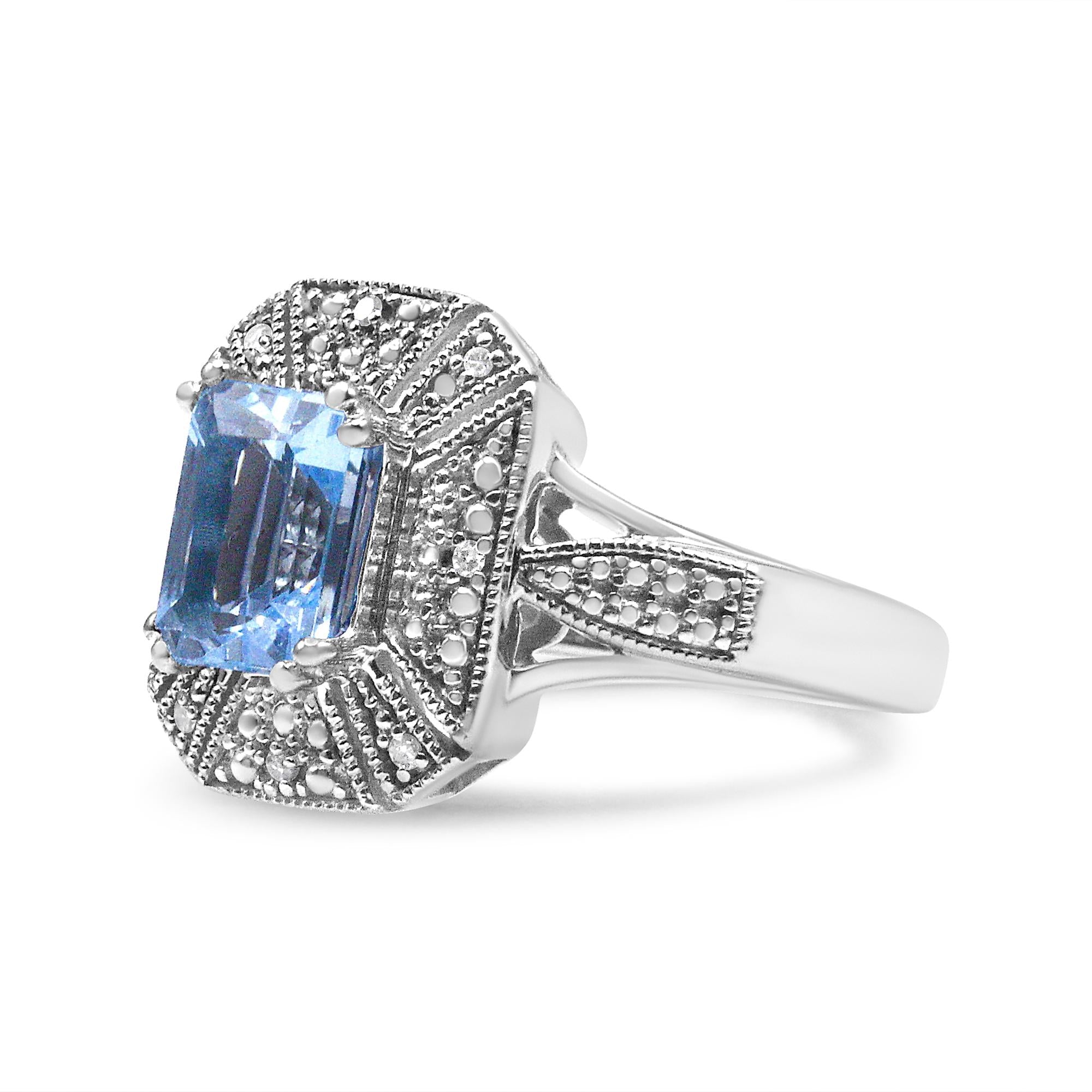 Emerald-Cut Blue Topaz Ring – .925 Sterling Silver, Diamond Accents