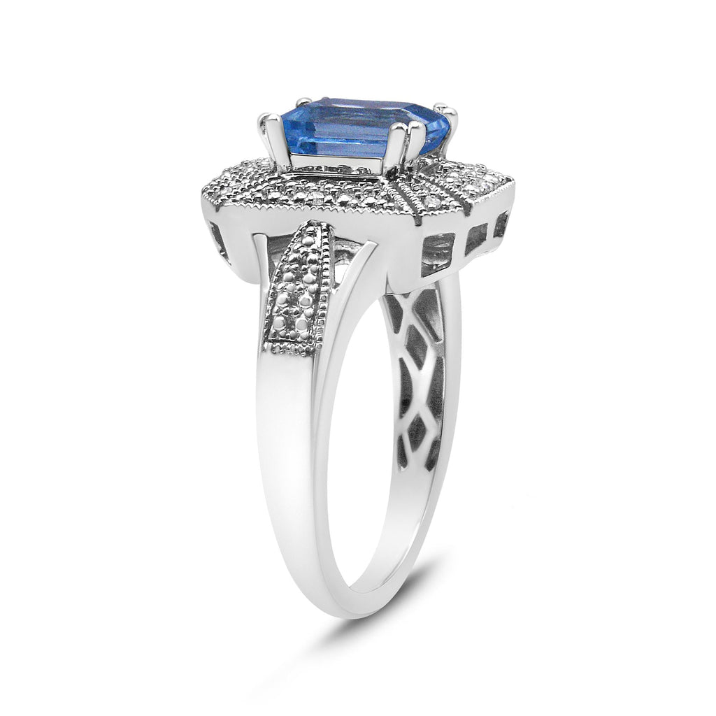 Emerald-Cut Blue Topaz Ring – .925 Sterling Silver, Diamond Accents