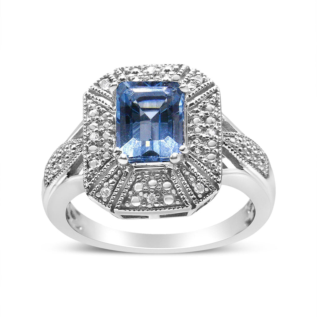 Emerald-Cut Blue Topaz Ring – .925 Sterling Silver, Diamond Accents