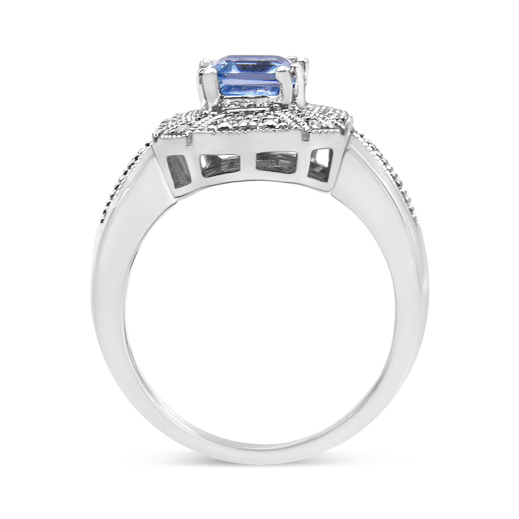 Emerald-Cut Blue Topaz Ring – .925 Sterling Silver, Diamond Accents