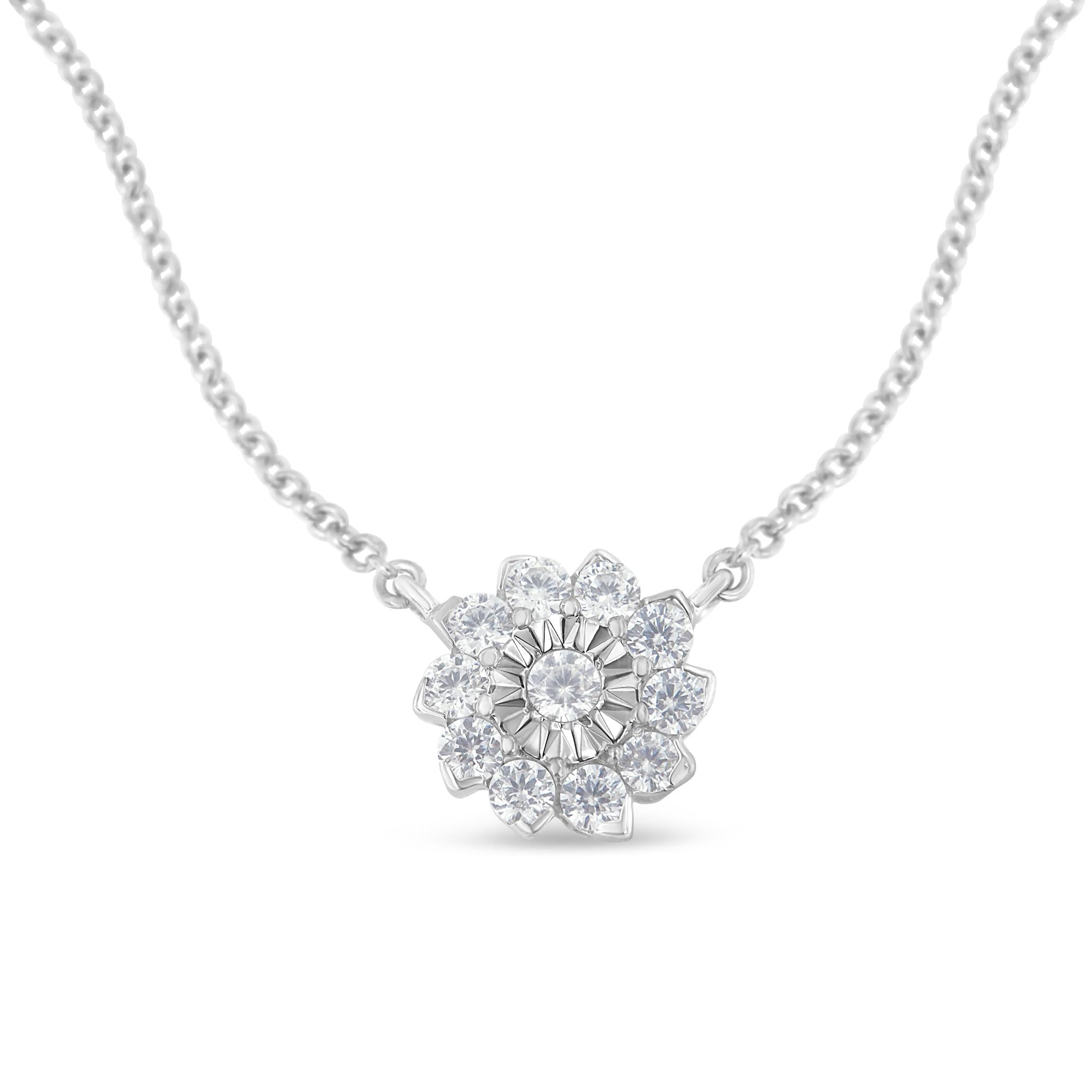 Flower Cluster Diamond Pendant Necklace – .925 Sterling Silver, 1/2 cttw