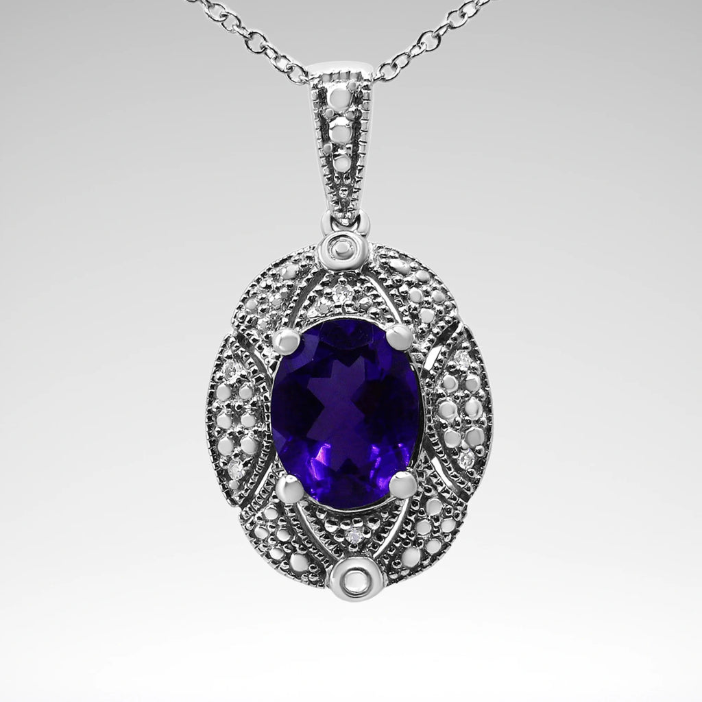 Oval Amethyst Pendant Necklace – .925 Sterling Silver, Diamond Accents