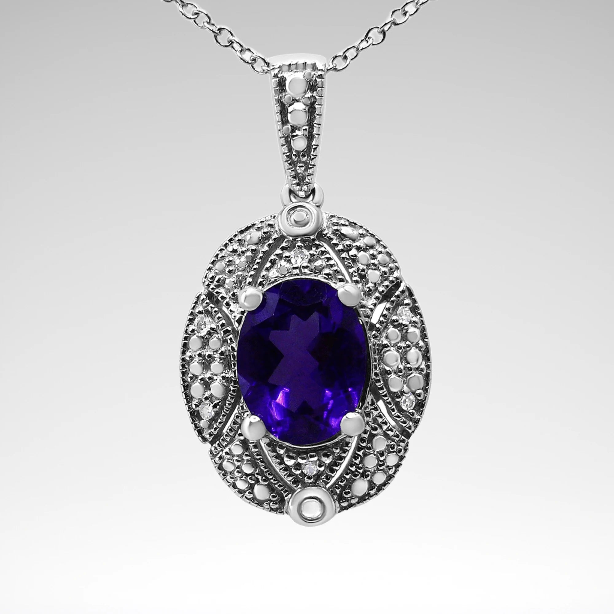 Oval Amethyst Pendant Necklace – .925 Sterling Silver, Diamond Accents