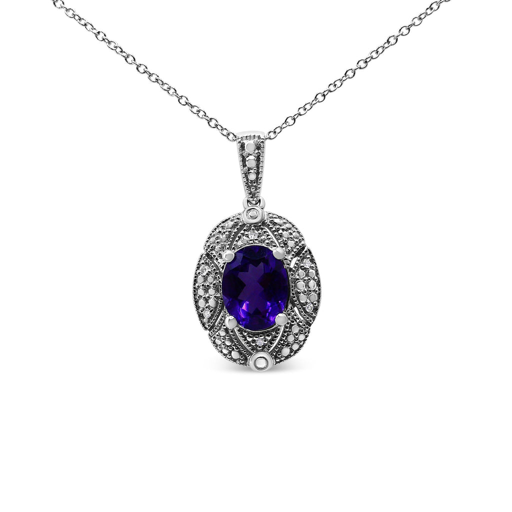 Oval Amethyst Pendant Necklace – .925 Sterling Silver, Diamond Accents