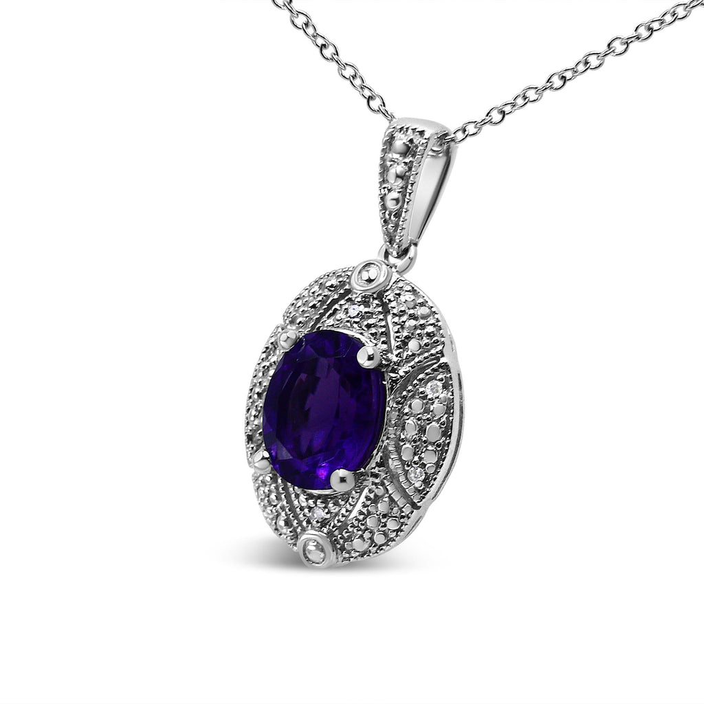 Oval Amethyst Pendant Necklace – .925 Sterling Silver, Diamond Accents
