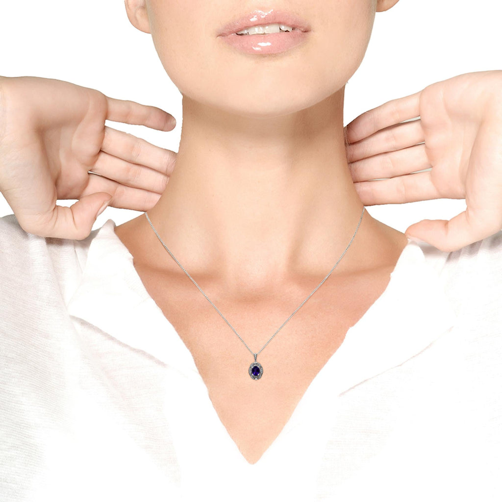 Oval Amethyst Pendant Necklace – .925 Sterling Silver, Diamond Accents