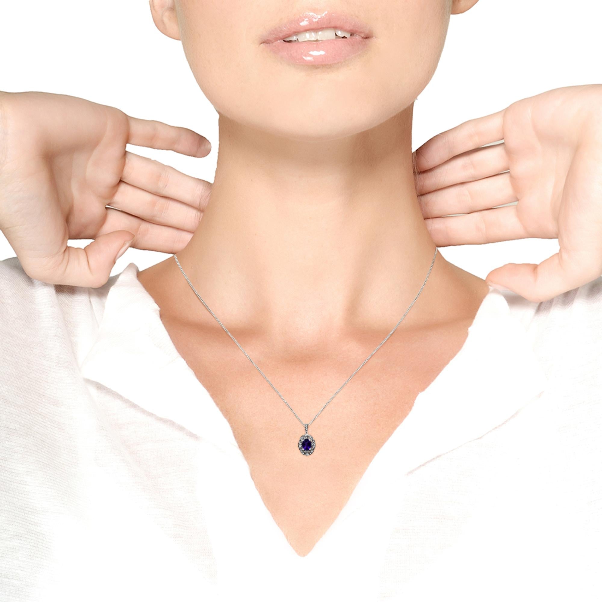 Oval Amethyst Pendant Necklace – .925 Sterling Silver, Diamond Accents