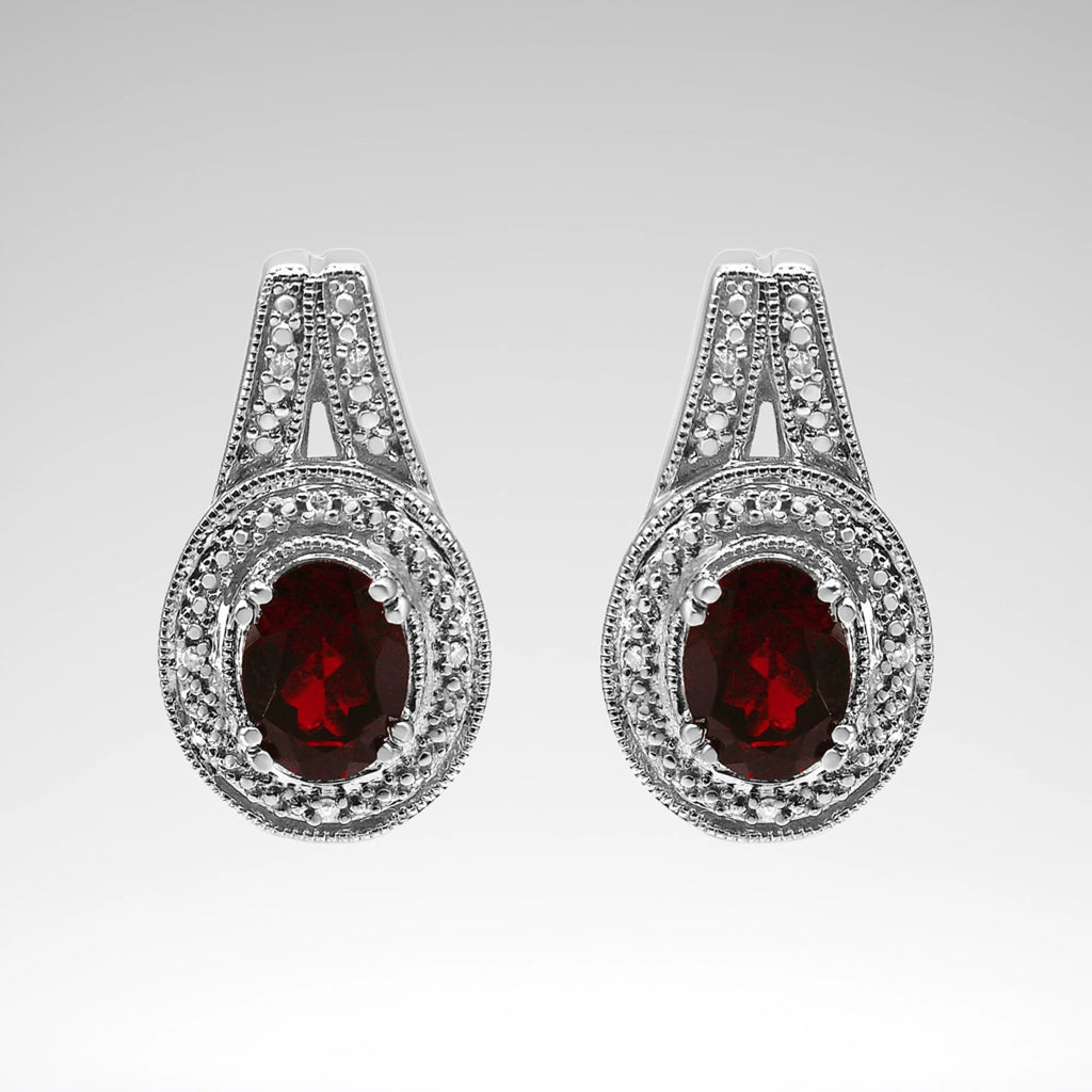 Red Garnet Earrings, .925 Sterling Silver and Diamond Accents
