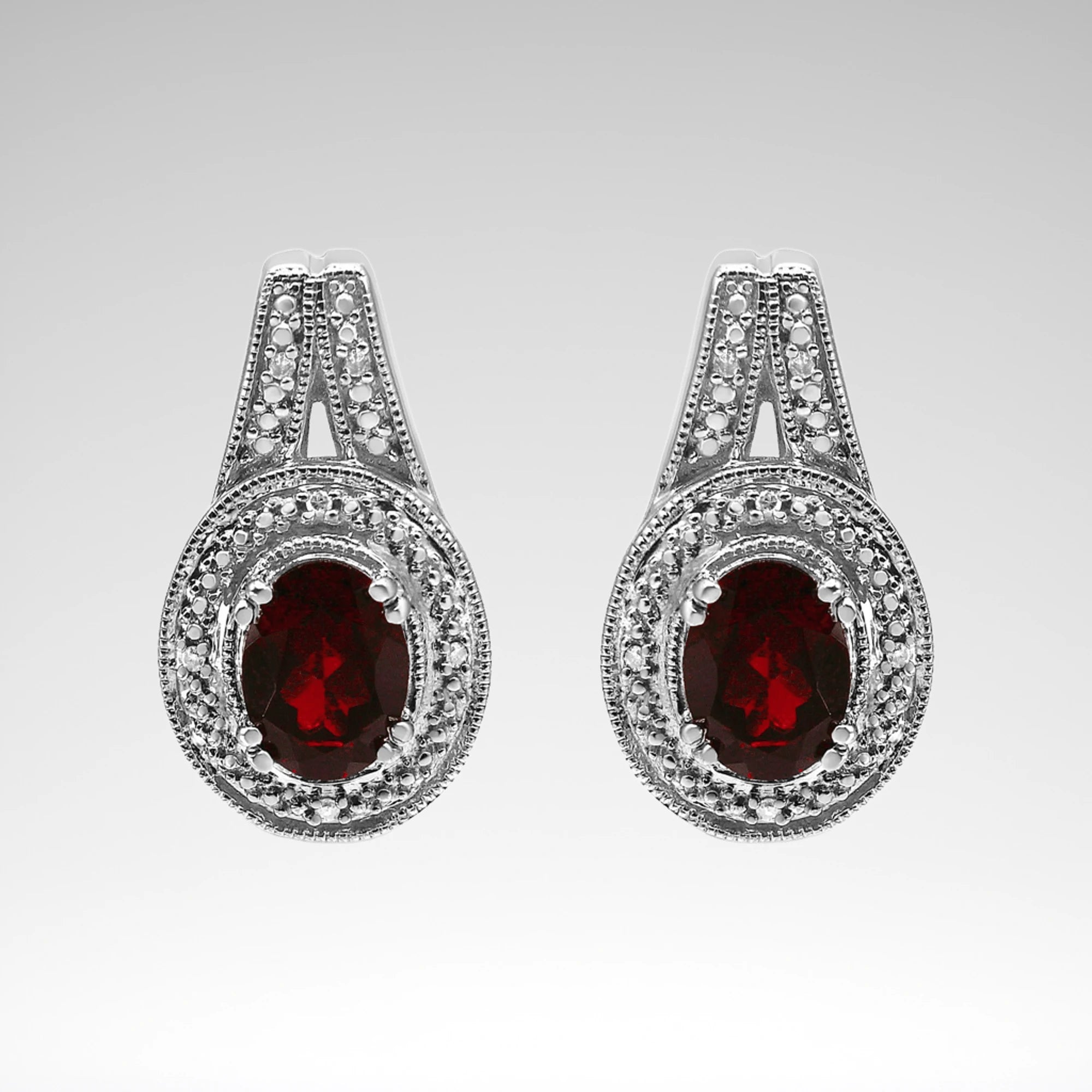 Red Garnet Earrings, .925 Sterling Silver and Diamond Accents