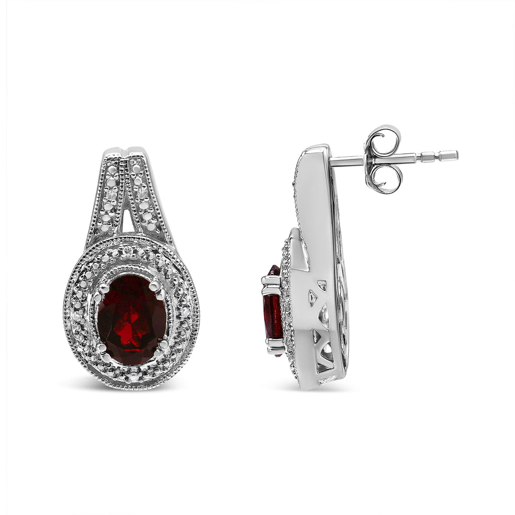 Red Garnet Earrings, .925 Sterling Silver and Diamond Accents