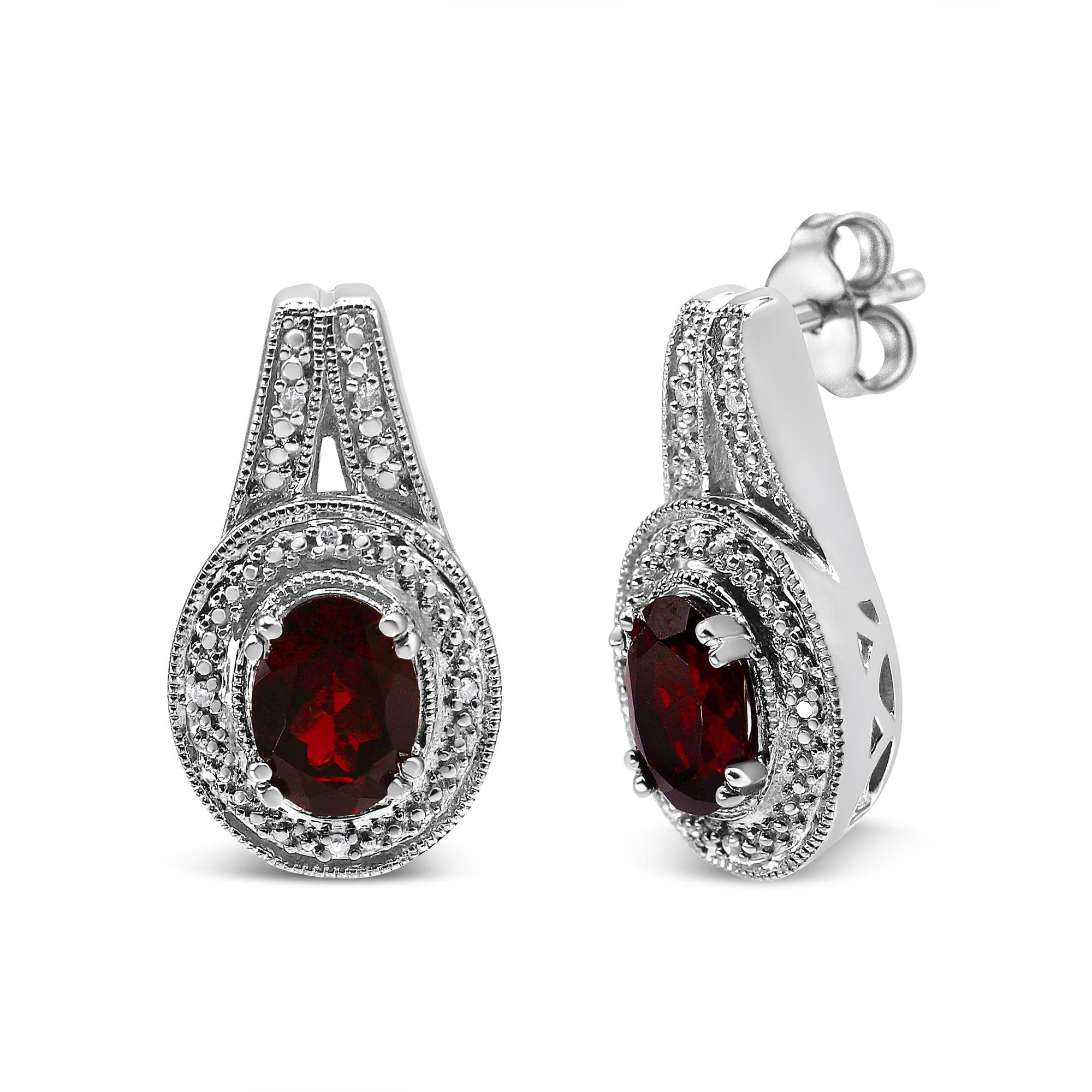 Red Garnet Earrings, .925 Sterling Silver and Diamond Accents