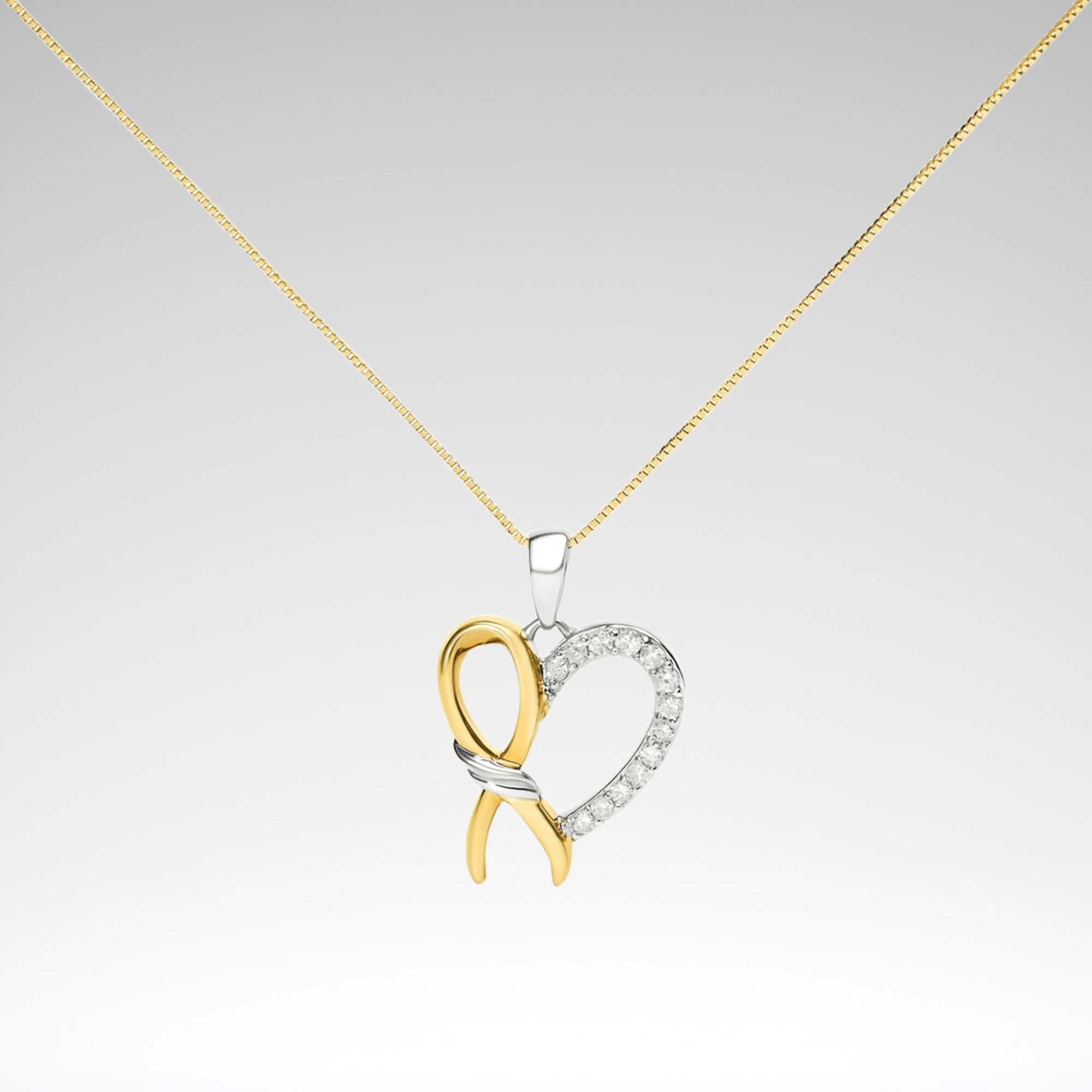 Ribbon Heart Pendant Necklace – 10K Yellow Gold Plated .925 Sterling Silver 1/5 cttw Diamond