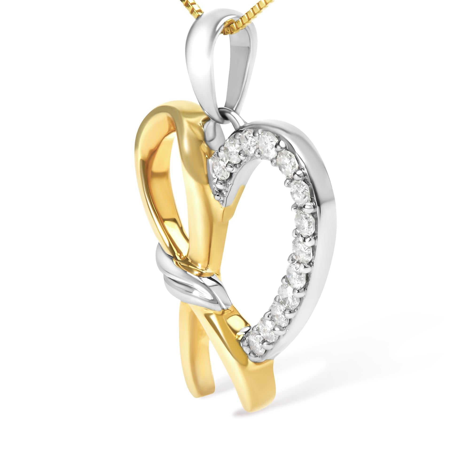 Ribbon Heart Pendant Necklace – 10K Yellow Gold Plated .925 Sterling Silver 1/5 cttw Diamond