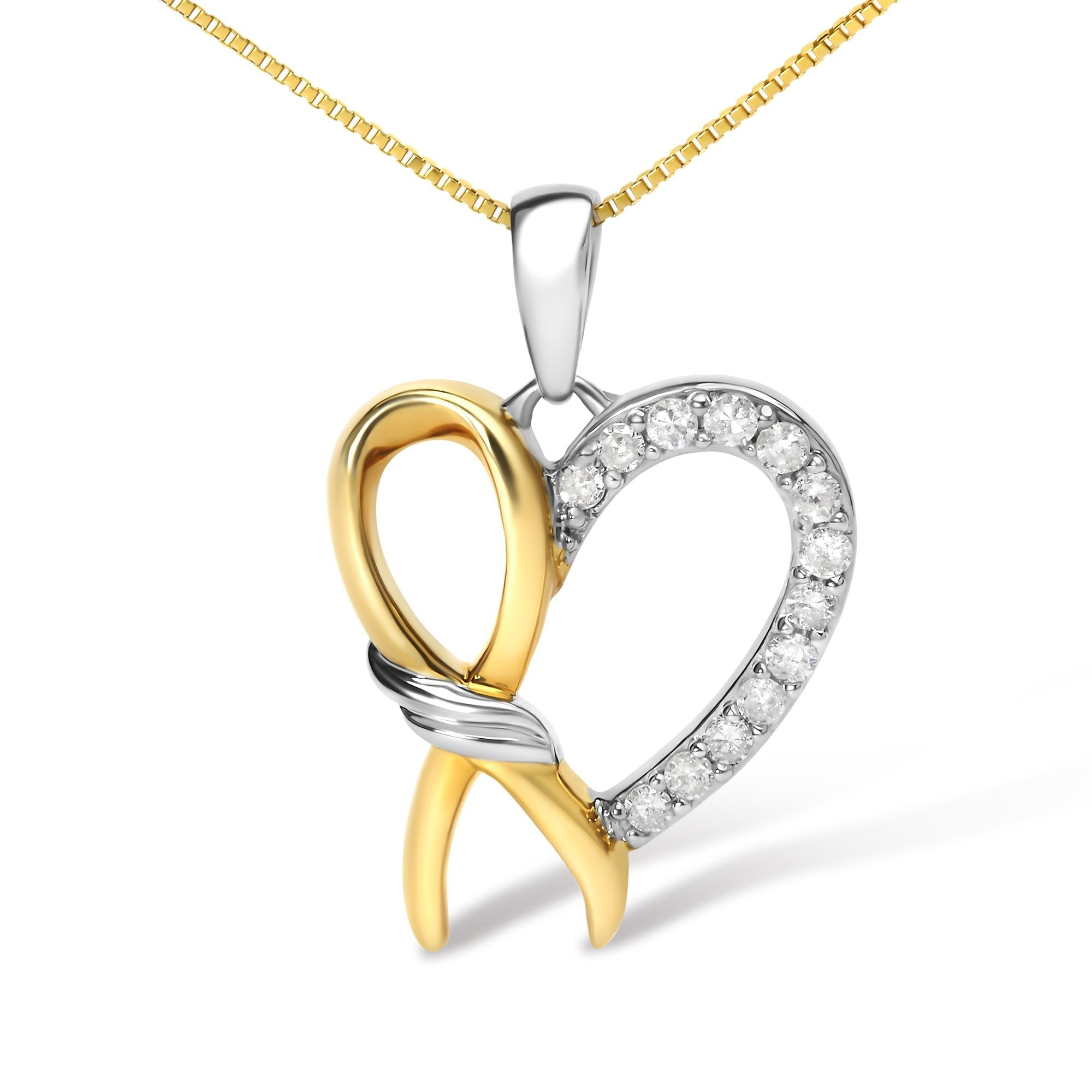 Ribbon Heart Pendant Necklace – 10K Yellow Gold Plated .925 Sterling Silver 1/5 cttw Diamond