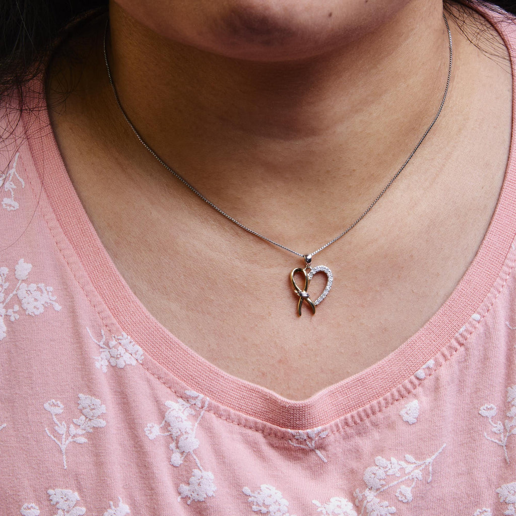 Ribbon Heart Pendant Necklace – 10K Yellow Gold Plated .925 Sterling Silver 1/5 cttw Diamond