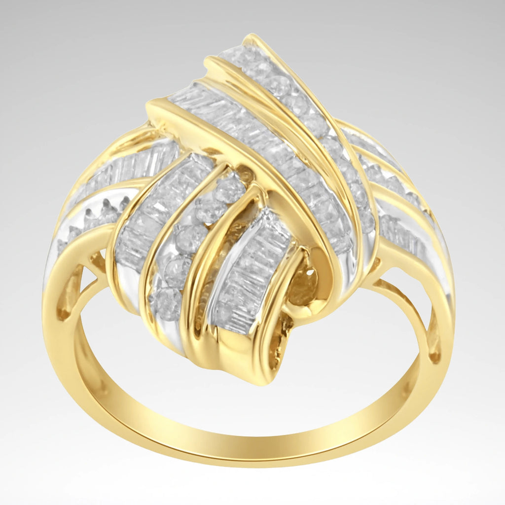 Round & Baguette Diamond Knot Statement Ring – 10K Yellow Gold Plated Sterling Silver, 1.0 cttw