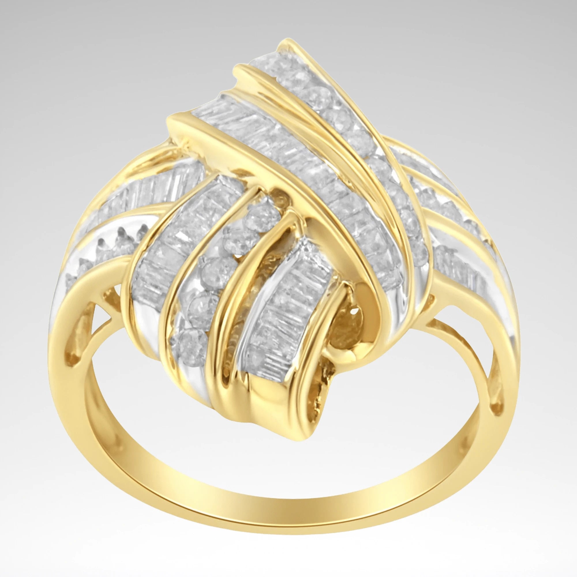 Round & Baguette Diamond Knot Statement Ring – 10K Yellow Gold Plated Sterling Silver, 1.0 cttw