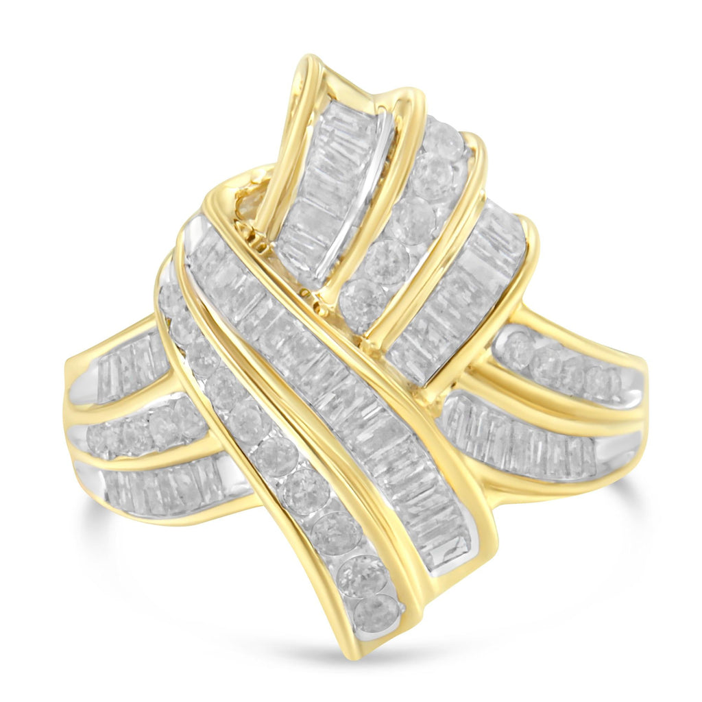 Round & Baguette Diamond Knot Statement Ring – 10K Yellow Gold Plated Sterling Silver, 1.0 cttw