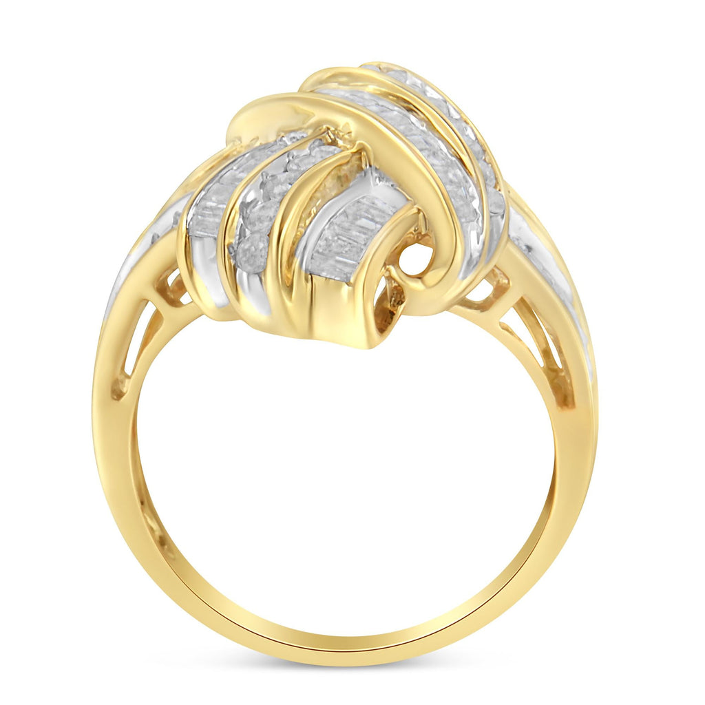 Round & Baguette Diamond Knot Statement Ring – 10K Yellow Gold Plated Sterling Silver, 1.0 cttw