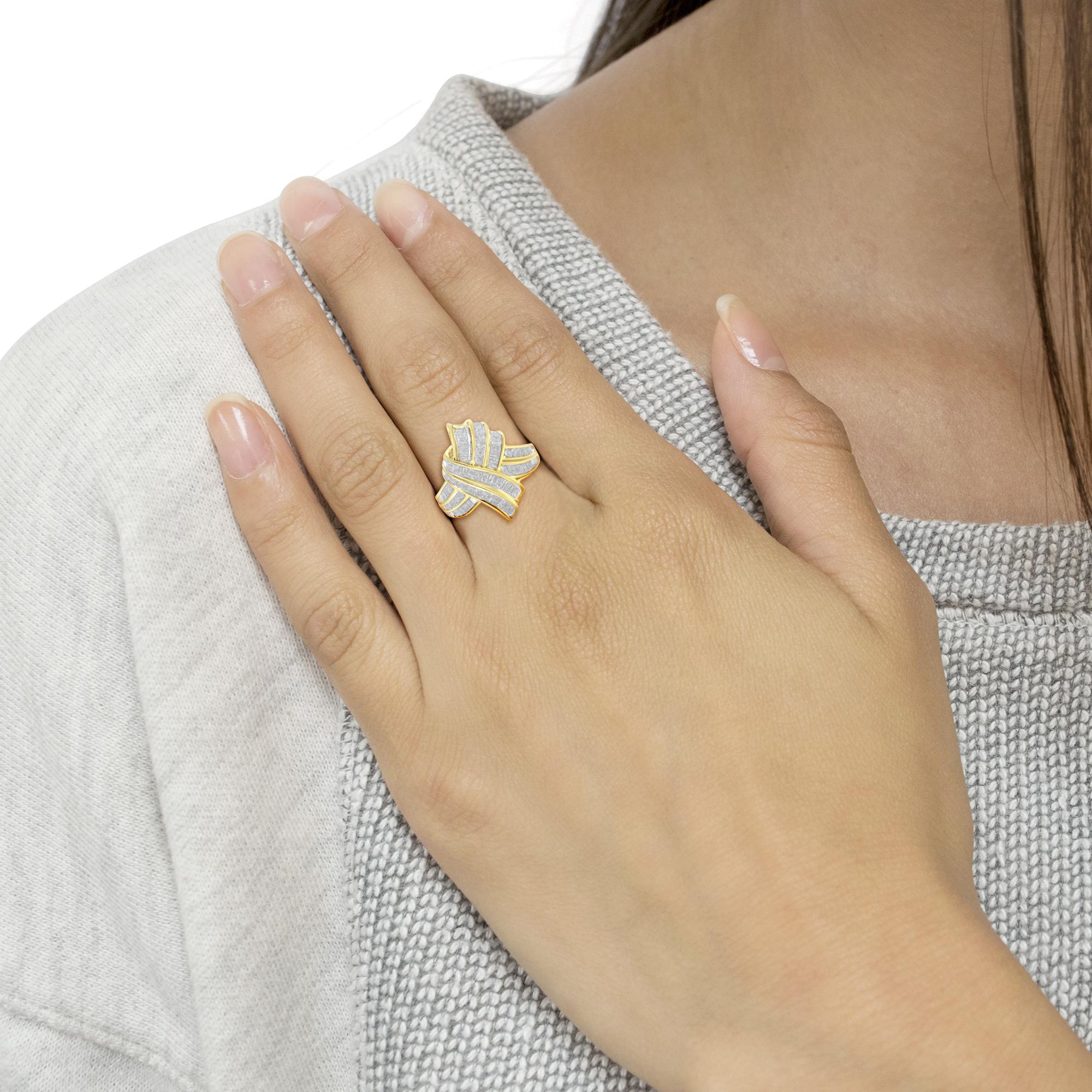 Round & Baguette Diamond Knot Statement Ring – 10K Yellow Gold Plated Sterling Silver, 1.0 cttw
