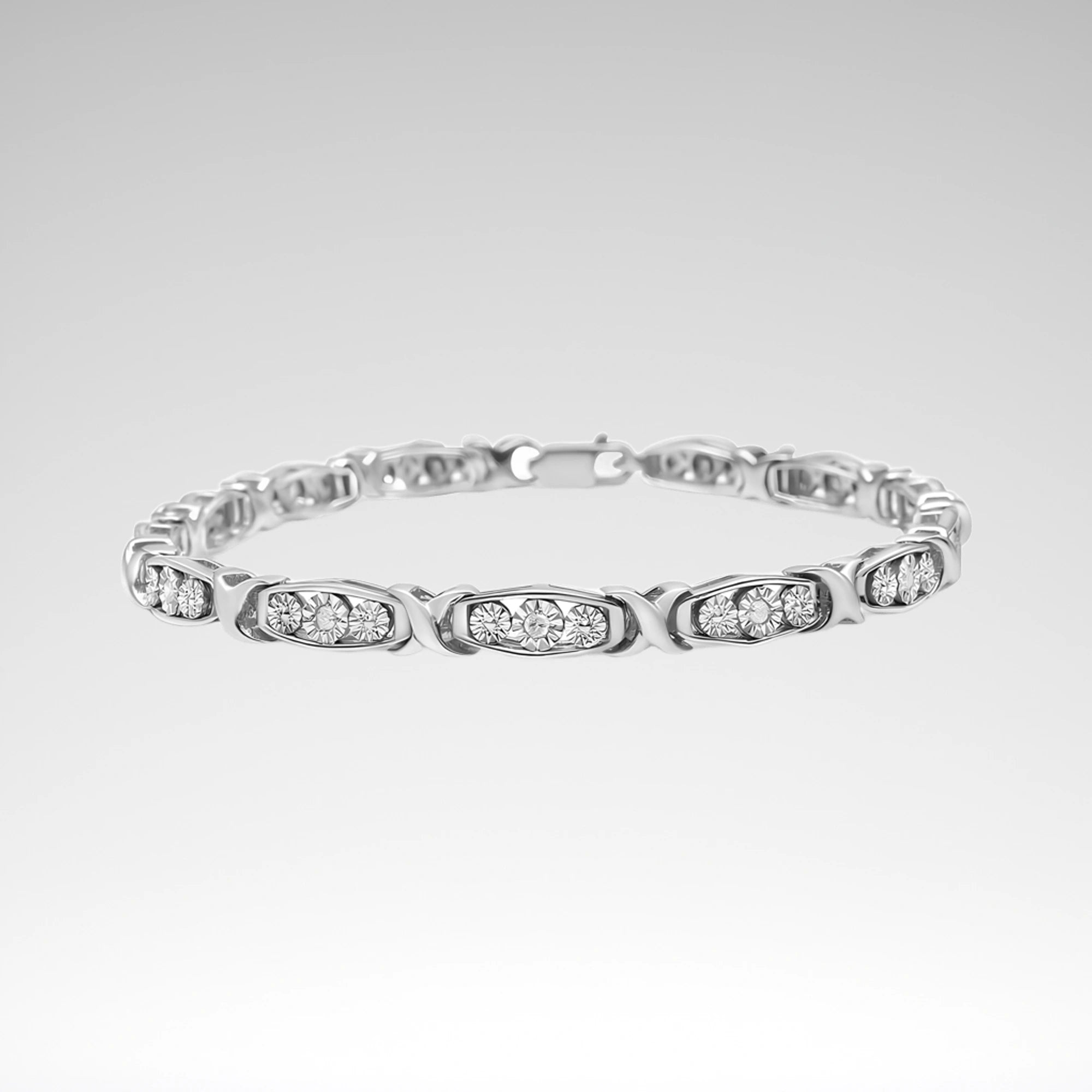 Three-Stone Diamond Link Bracelet – .925 Sterling Silver, 1/10 cttw